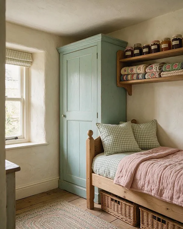 A cozy cottagecore guest bedroom with a pale wood bed dressed in green gingham bedding and a pink quilt. A mint-painted wardrobe stands beside the bed, with wooden wall shelves holding jars and rolled crochet textiles above it. Soft cream walls, a bright window with a gathered blind, wicker baskets, and a muted pastel rug complete the rustic, homey look.