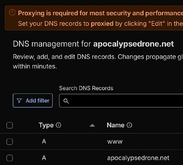 Phone screen showing the apocalypsedrone.net website error page with a dinosaur icon and Safari browser UI.