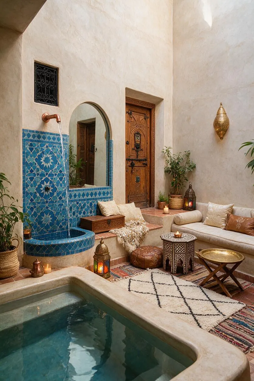 A compact Moroccan-style backyard courtyard with cream plaster walls, carved wooden doors, a blue zellige tiled wall fountain, and a small plunge pool in the foreground. The space is furnished with low neutral cushions, patterned rugs, brass lanterns, potted plants, and carved side tables, creating a warm and intimate outdoor retreat.