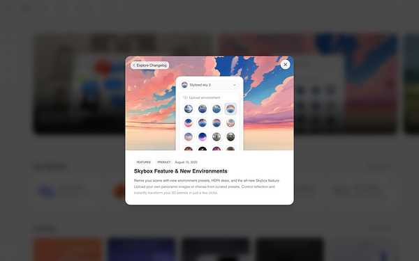 A changelog modal displaying new features for a product related to skybox environments.
