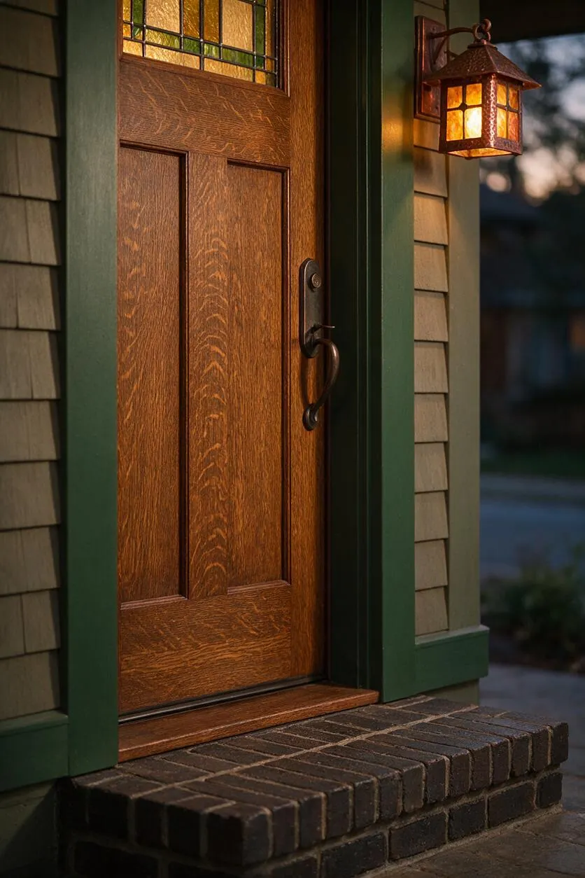 A close-up view of a Craftsman-style front entry with a richly stained wood door, dark green trim, and a small leaded glass transom window above. A warm amber porch lantern glows beside the door, and the entry is finished with a brick threshold and shingled exterior siding.