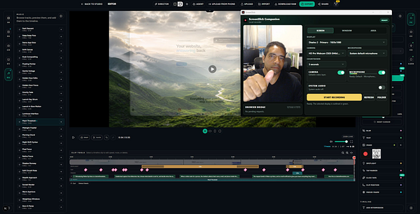 Screenshot of the ScreenSlick desktop app interface showing a minimalist recording screen and a MacBook with the app's controls panel open.