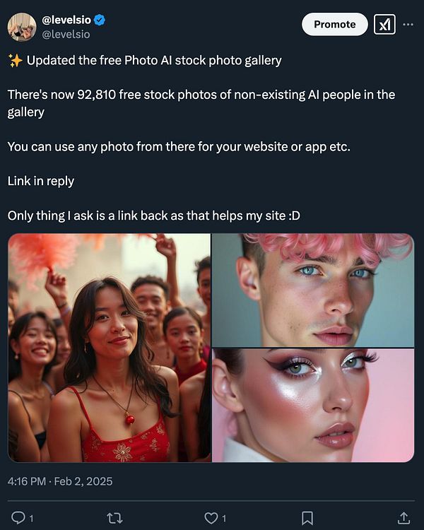 A tweet promoting a free AI stock photo gallery featuring diverse images of non-existing people.