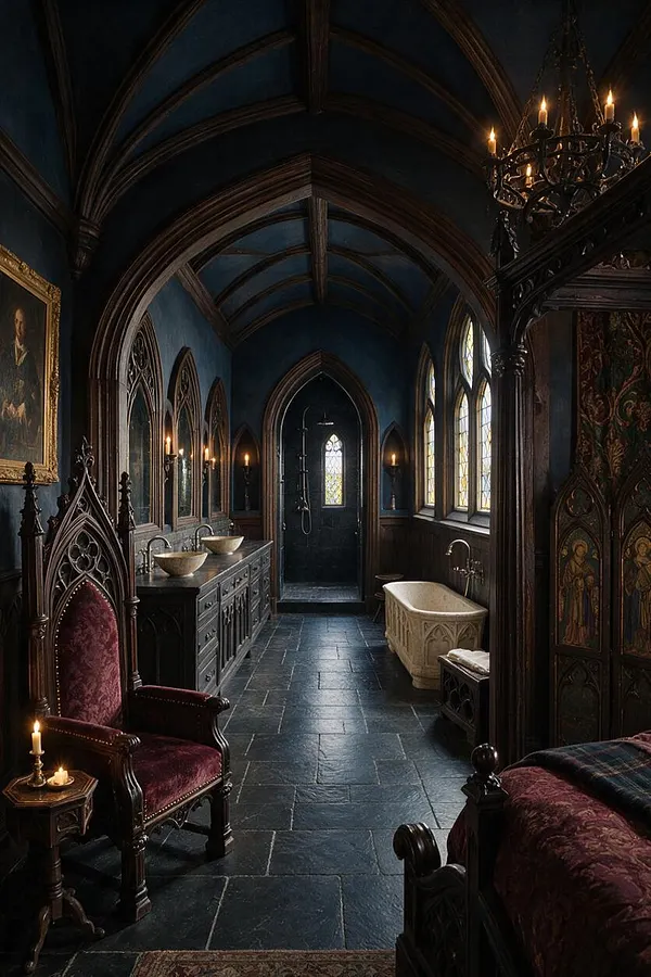 A dramatic Gothic-style master bathroom with a vaulted dark blue ceiling, pointed arches, and stone tile flooring. The space features carved dark wood furniture, red velvet seating, a chandelier with lit candles, stained-glass windows, a freestanding cream bathtub, and ornate wall details.
