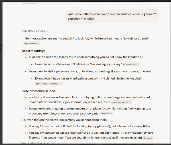 Screenshot of a language learning app focused on German with vocabulary and grammar exercises.