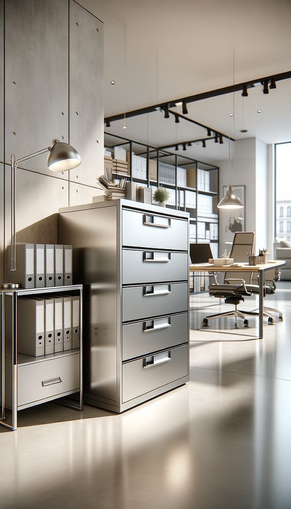 a sleek, modern file cabinet in a well-organized office space, demonstrating both functionality and style