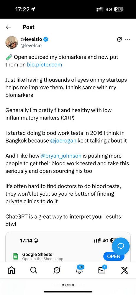 A Twitter post discussing the open sourcing of biomarkers and the importance of blood work testing.