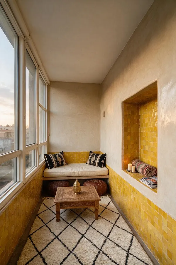 A narrow sunroom seating nook with large windows on one side, cream plaster walls, and a band of glossy yellow mosaic tile around the lower walls and recessed shelf. A cushioned bench with black patterned pillows sits at the end, paired with a carved wooden coffee table, a cream-and-black geometric rug, and warm candles.