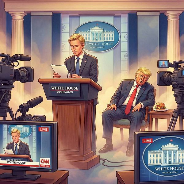 A detailed digital illustration depicts Donald Trump giving a speech at the White House, appearing to struggle and mumble, prompting another person to read the speech for him on live television.