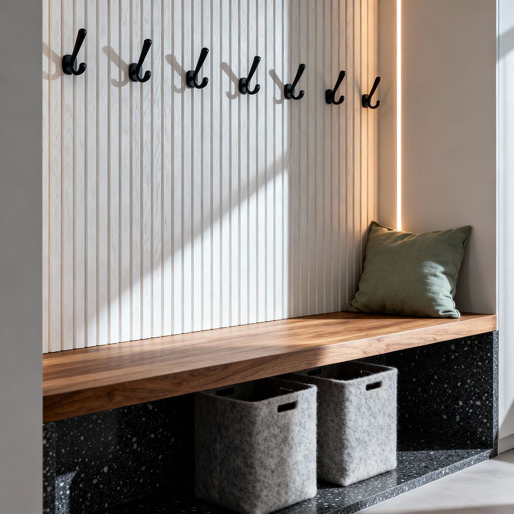A compact modern mudroom nook features a natural wood bench above a black speckled terrazzo base holding two gray felt storage bins. A white vertical fluted backboard displays a row of matte black hooks, with a slim warm LED light strip illuminating one side; a soft sage green pillow sits at the corner. Daylight casts diagonal shadows across the paneling, highlighting the clean lines, textures, and tidy, functional layout.