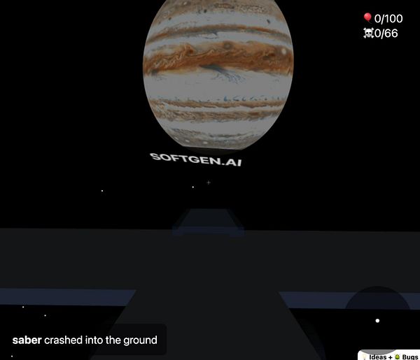 A virtual scene featuring the planet Jupiter with the text 'SOFTGEN.AI' displayed in space.