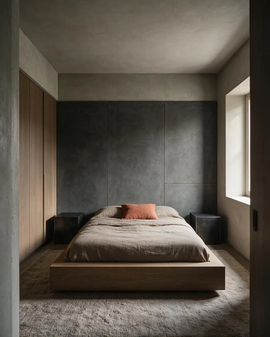 A minimalist bedroom with a low wooden platform bed centered against a dark textured wall, flanked by small black bedside blocks. The room has a muted gray plaster ceiling and walls, a soft neutral rug, a terracotta accent pillow, and a window on the right bringing in natural light.