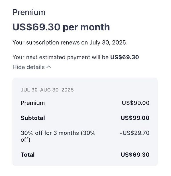 The image displays a subscription renewal summary for a premium service with a discount applied.