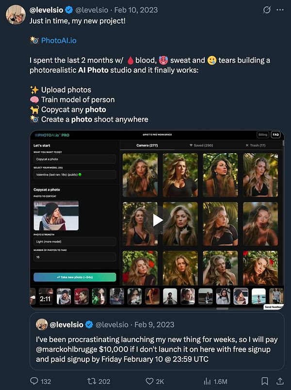 A Twitter post announcing the launch of a new AI photo studio project, featuring a screenshot of the platform's interface.