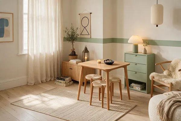 A bright Scandinavian-style game room with a small natural wood table, woven stools, and a light area rug on pale wood floors. The room features sheer curtains, a soft green accent stripe on the wall, mint storage drawers, a paper pendant light, and cozy textured seating with neutral throws.