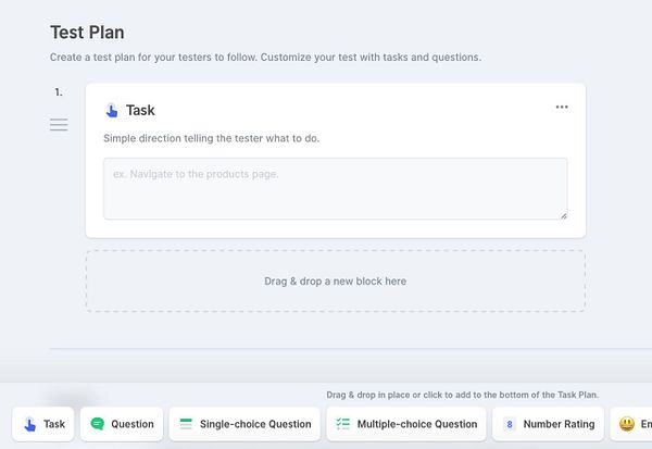 The image shows a user interface for creating a test plan with task and question blocks.
