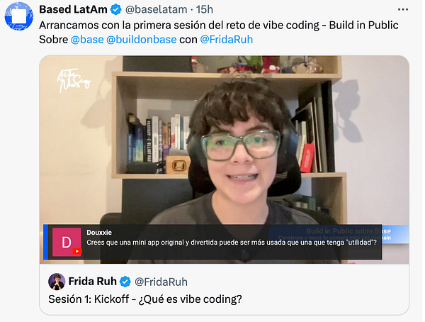 A woman with curly hair and glasses is speaking in front of a bookshelf during a virtual session about coding.