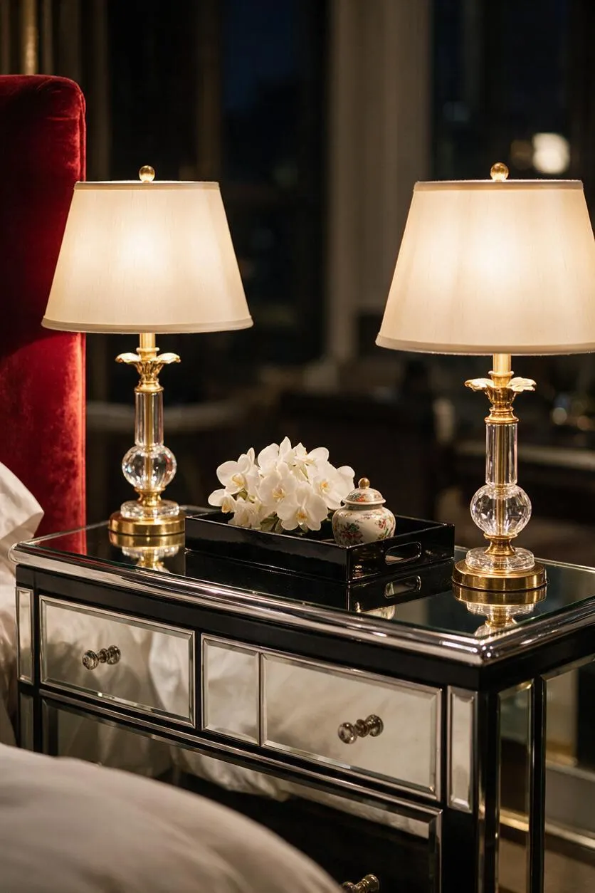 A glamorous bedside vignette featuring a mirrored nightstand with a black glass top, two ornate table lamps with cream shades and crystal accents, and a black tray holding white flowers and a decorative jar. A deep red velvet headboard appears at the left edge, with a dark reflective background adding a luxurious Hollywood Regency feel.