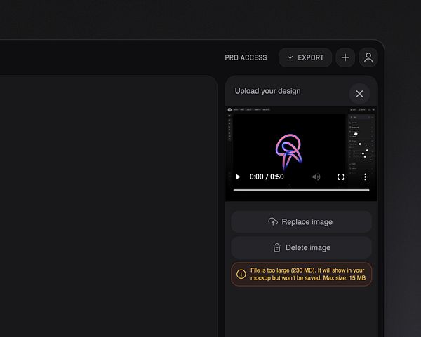 The image displays a user interface for uploading a design, featuring a warning message about file size limitations.