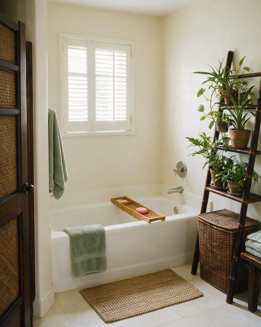 A compact tropical-style master bathroom with white walls, a built-in white bathtub, and a window with plantation shutters. Natural textures appear throughout, including a woven floor rug, wicker storage basket, bamboo bath tray, and a ladder shelf holding several potted plants, with soft sage green towels adding color.