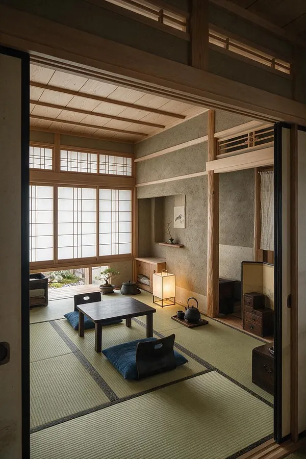 A serene Japanese Zen master bedroom with tatami mats, low black floor tables, blue floor cushions, and shoji screens filling the space with soft daylight. Natural wood beams, a glowing paper lantern, and a small alcove with minimalist decor create a calm, traditional atmosphere.