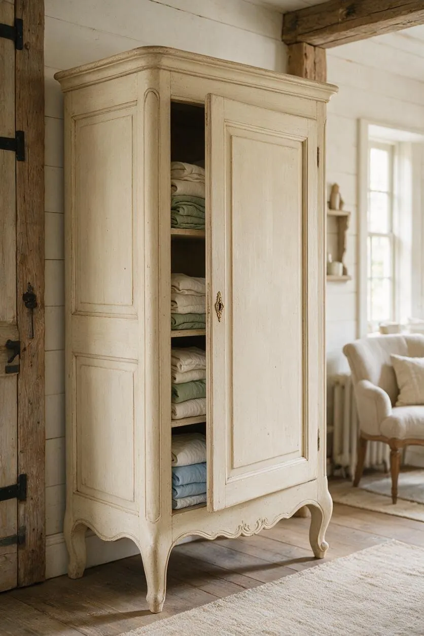 A tall cream-painted armoire stands against a white shiplap wall, with one paneled door partly open to reveal neatly folded linens in muted green, beige, and blue. The cabinet has curved cabriole legs, scalloped apron details, and aged brass hardware, adding a rustic French Country feel to the softly lit room.