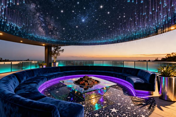 An open-air circular patio features a deep midnight-blue velvet curved sofa surrounding a low glass table with a mirrored prismatic base and a central fire bowl filled with black lava rock. A star-speckled epoxy floor and purple LED underlighting echo the fiber‑optic galaxy canopy overhead, where cascading pinpoints of blue light resemble falling stars. A glass balustrade washed with teal light frames a sunset water view, while polished stainless planters with greenery sit near structural columns.