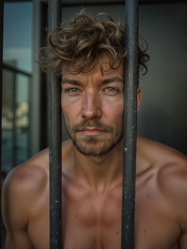 A close-up portrait of a man with curly hair, framed by metal bars.
