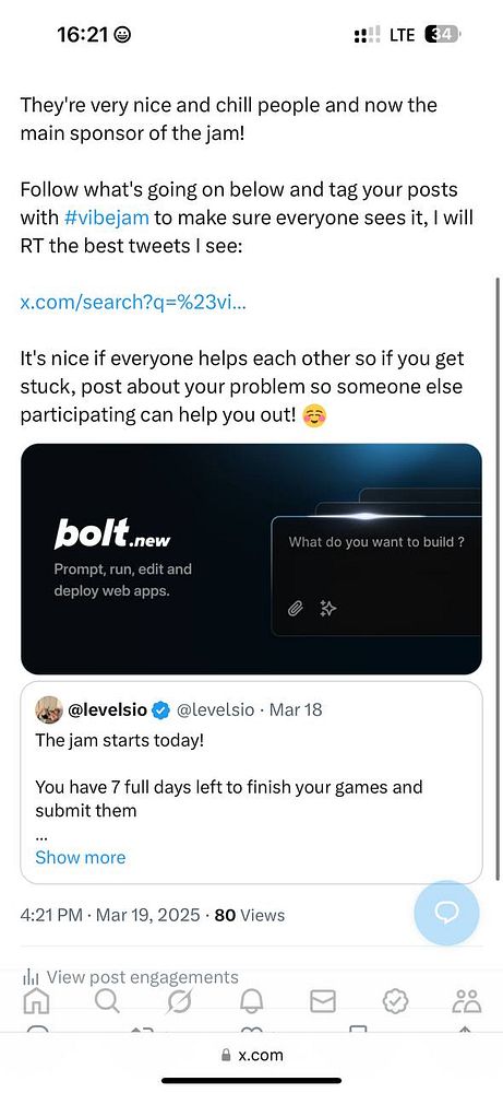 A social media post promoting Day 2 of #vibejam, highlighting bolt.new as the main sponsor.