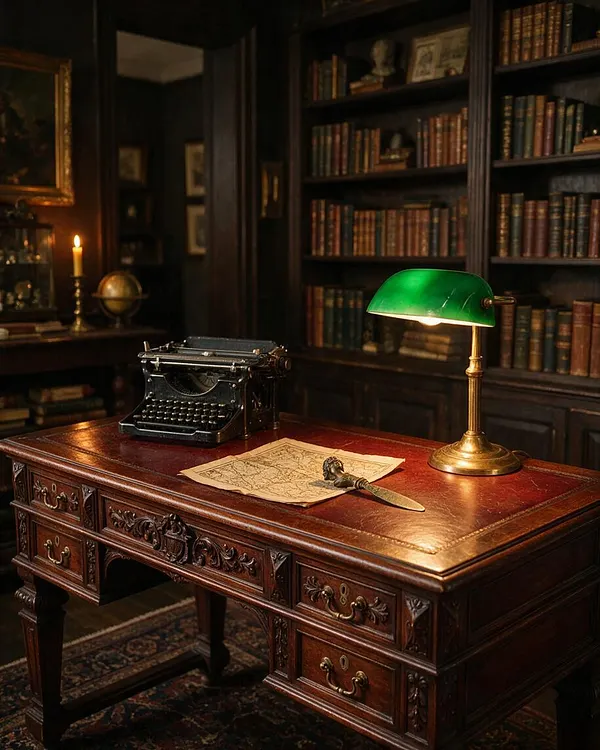 A richly carved dark wood writing desk sits in a dim, book-lined study. On the desk are a vintage typewriter, a folded map, a small blade, and a green banker’s lamp, with candlelight and shelves of antique books in the background.
