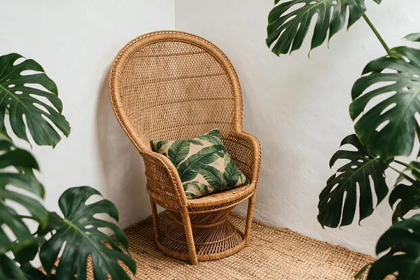 A tropical-style corner featuring a tall wicker chair with a rounded high back, woven seat, and a matching botanical-print cushion. Large monstera leaves frame the chair against a light plaster wall and a natural jute rug, creating a relaxed, breezy look.