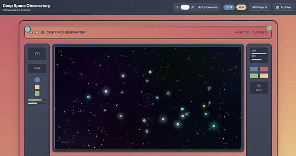 The image displays a user interface for the 'Deep Space Observatory' within the Star Sailors citizen science platform.