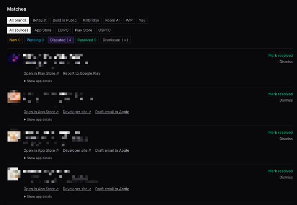 Diagram illustrating components and flow for a trademark monitoring system integrating Apple App Store, Google Play, USPTO, EUIPO, with alerts and data processing.