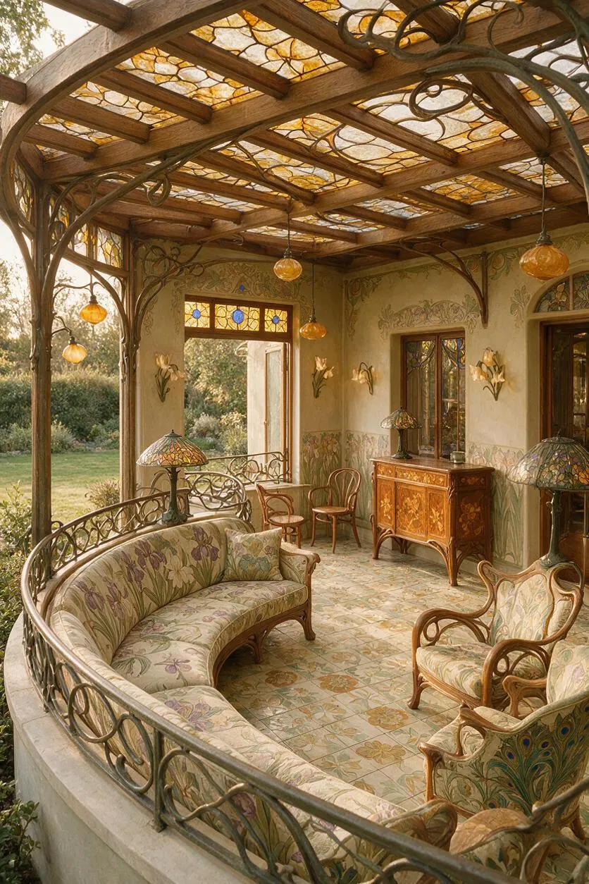 An Art Nouveau patio with a curved floral upholstered sofa, carved wood chairs, and an inlaid wood cabinet arranged under a stained-glass and timber pergola. Decorative ironwork, floral wall motifs, mosaic-style floor tiles, and amber pendant lights create a warm, elegant garden room atmosphere.