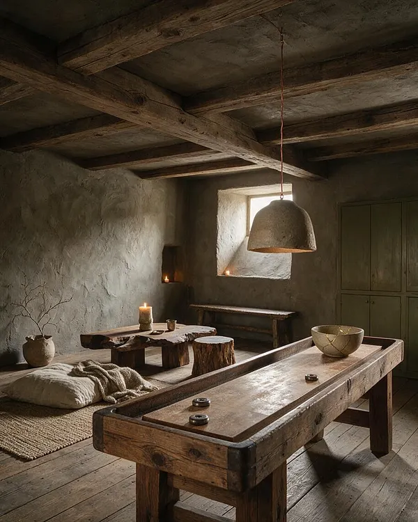 A rustic game room with a long wooden game table in the foreground, low seating cushions on a woven rug, and a rough wood coffee table lit by candles. Textured plaster walls, exposed timber ceiling beams, a small window, and a simple hanging pendant create a calm, earthy Wabi-Sabi atmosphere.