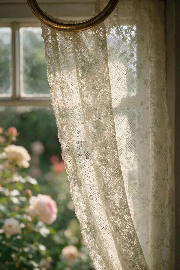 Sheer cream lace curtains hang beside a window, with warm sunlight glowing through the delicate floral pattern. A blurred garden with soft pink and white flowers is visible outside, creating a romantic cottagecore atmosphere.