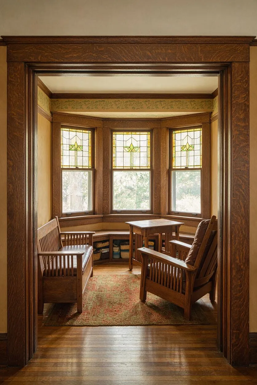 A warm Craftsman-style sunroom framed by rich wood trim and a wide doorway, with a curved bay window wall featuring leaded glass upper panes and lower clear windows. Inside are a wooden bench, a pair of wood armchairs, a small table, built-in storage, and a faded patterned rug in earthy tones.