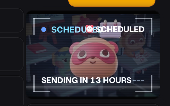 A cartoon character is displayed with a scheduled job notification for a newsletter.