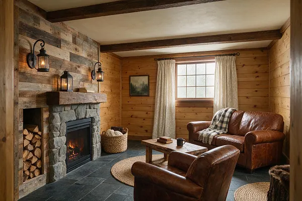 A cozy rustic basement sitting room with wood-paneled walls, dark ceiling beams, and a stone fireplace with a burning fire. Leather armchairs and a loveseat face a small wooden coffee table, while soft curtains frame a window and woven rugs add warmth to the slate floor.
