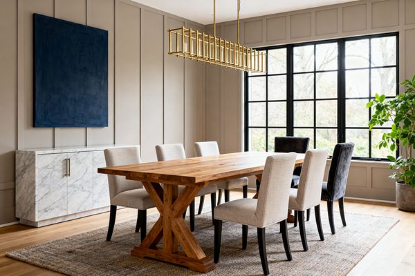 A transitional dining room with greige wall paneling centers on a long oak trestle table, surrounded by six light beige upholstered chairs and two charcoal host chairs. A brass linear chandelier hangs above a textured neutral rug; black grid windows flood the space with daylight, while a white marble sideboard with brass pulls and a large navy artwork anchor the wall, and a potted plant sits by the window on pale wood floors.