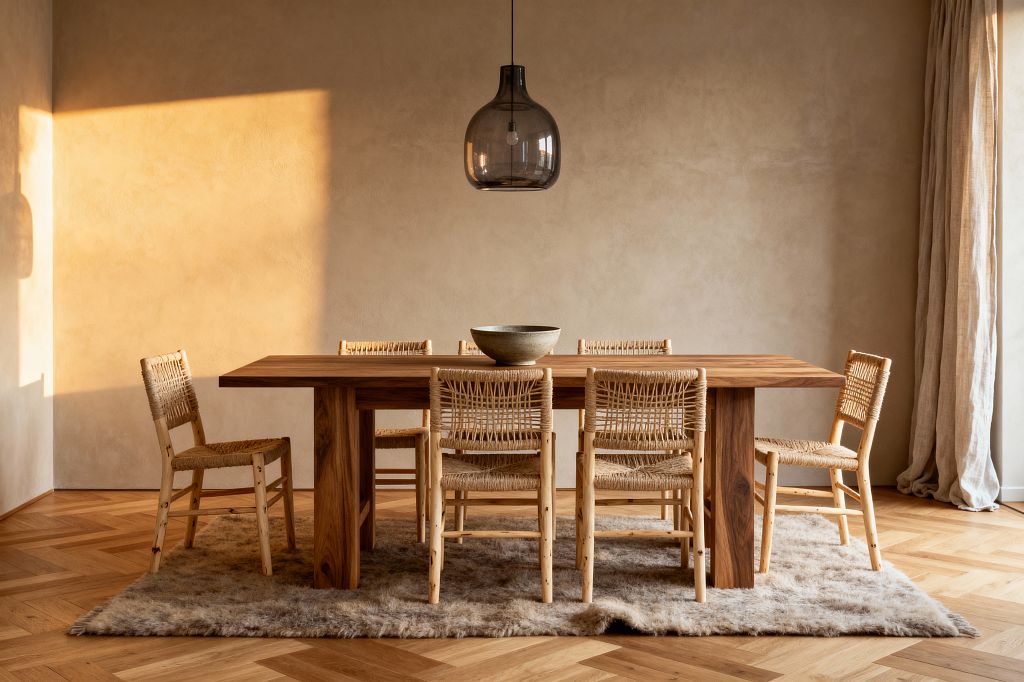 A minimalist Scandinavian dining room with a rectangular solid-wood table and six light wooden chairs woven with natural rattan. Herringbone oak flooring is partially covered by a plush beige wool rug. Warm sunlight falls across limewashed beige walls and full-length linen curtains. A single smoky glass pendant hangs centered above the table, which holds a simple stone bowl, creating a warm, serene, and uncluttered atmosphere.