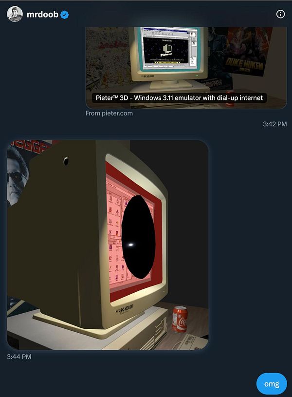 A retro computer monitor displays a Windows 3.11 emulator interface with a dark occlusion effect.