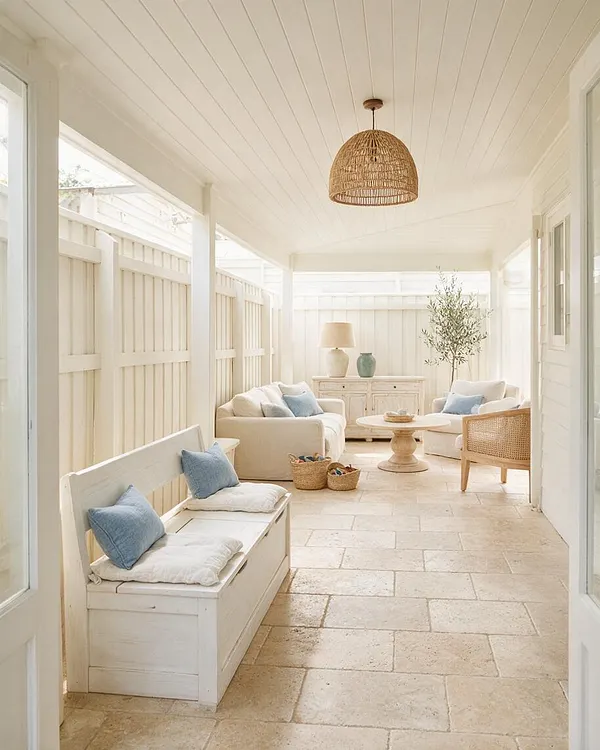 A bright covered backyard patio in coastal style with white shiplap walls and ceiling, pale stone tile flooring, and soft neutral seating. A woven pendant light hangs overhead, while blue accent pillows, rattan furniture, a small round table, and a cabinet with lamps create a relaxed, airy outdoor living space.