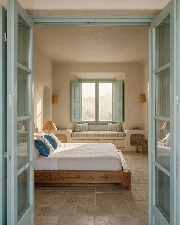 A serene Mediterranean-style master bedroom with a rustic wood bed, white bedding, and blue accent pillows. Soft beige plaster walls, pale mint-blue shutters and French doors, stone tile flooring, and a built-in window seat with striped cushions create a sunlit, relaxed atmosphere.