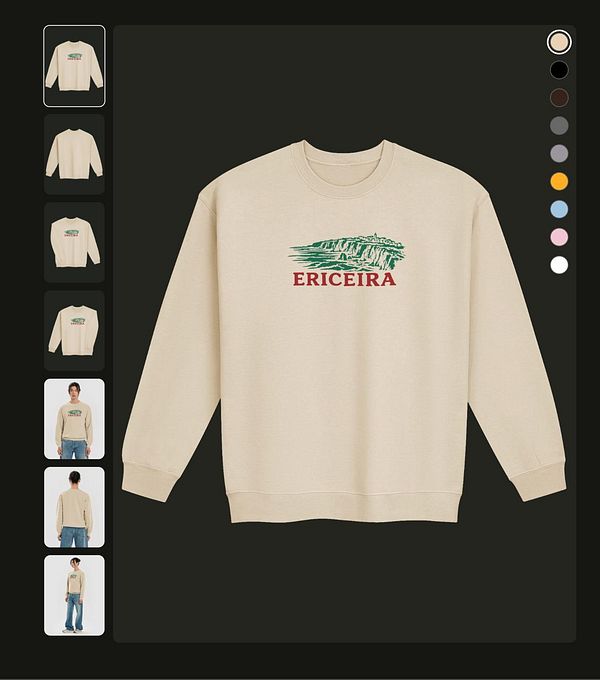 Beige sweatshirt featuring a green graphic of coastal cliffs and the word 'ERICEIRA' in red text on the chest.