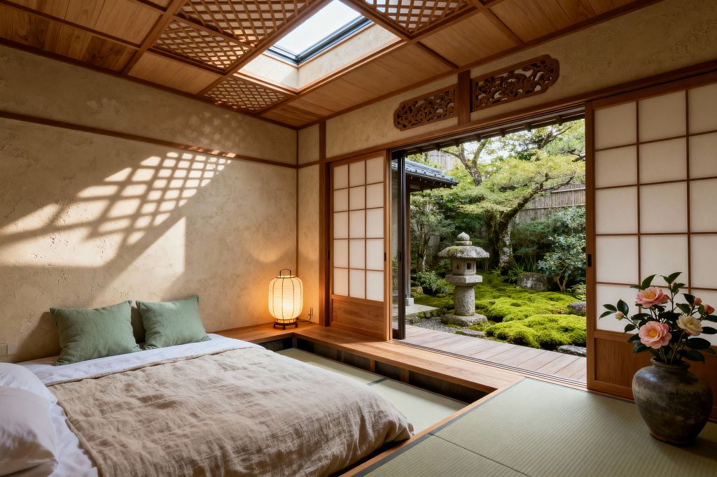 A serene Japanese bedroom features a recessed tatami platform bed with natural linen bedding and two sage green pillows. Shoji sliding doors open to a lush moss garden with a stone lantern and a narrow wood deck. Warm earthen plaster walls and natural wood trim complement a lattice wood ceiling with a central skylight casting patterned light. A small washi paper lantern glows on a low ledge, and a ceramic vase with pink flowers sits near the doorway.