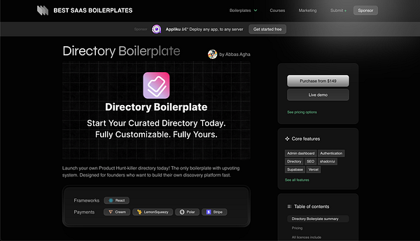 The image displays a promotional webpage for a 'Directory Boilerplate' designed for creating customizable directories with an upvote system.