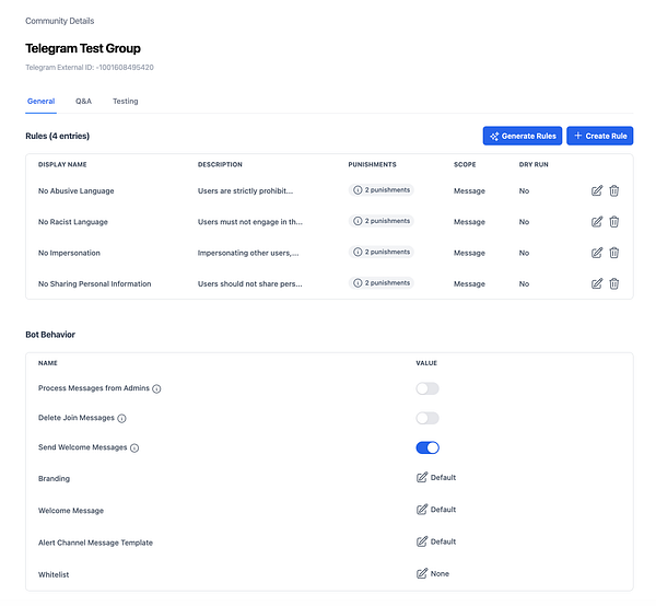 Watchdog dashboard UI with tabbed navigation for settings, toggle switches, and grouped configuration sections.