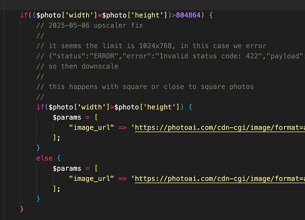 The image displays a code snippet addressing an issue with photo upscaling limits in a programming context.