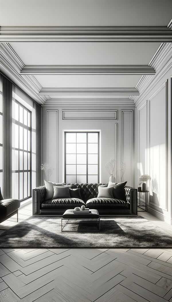 A chic, minimalist living room featuring an achromatic color scheme with a black leather sofa, white walls, and gray accents in rugs and throw pillows, illuminated by natural light from large windows.
